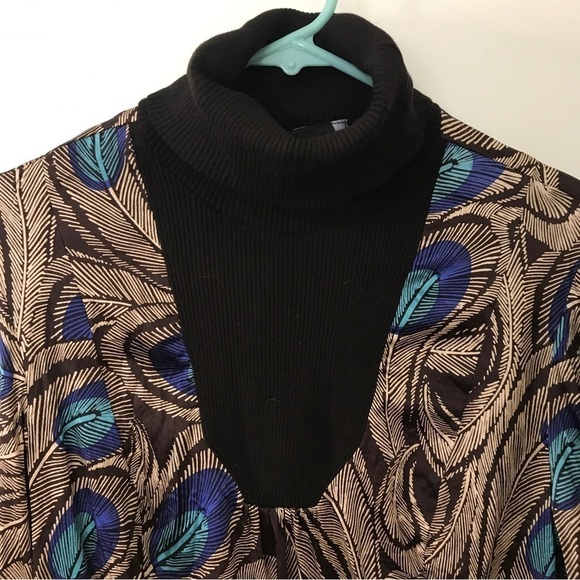 Etcetera silk spandex peacock print turtle neck long sleeve top - Picture 4 of 14